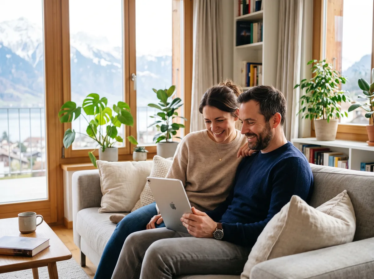 Un couple estime son budget d'achat sur une tablette dans son salon