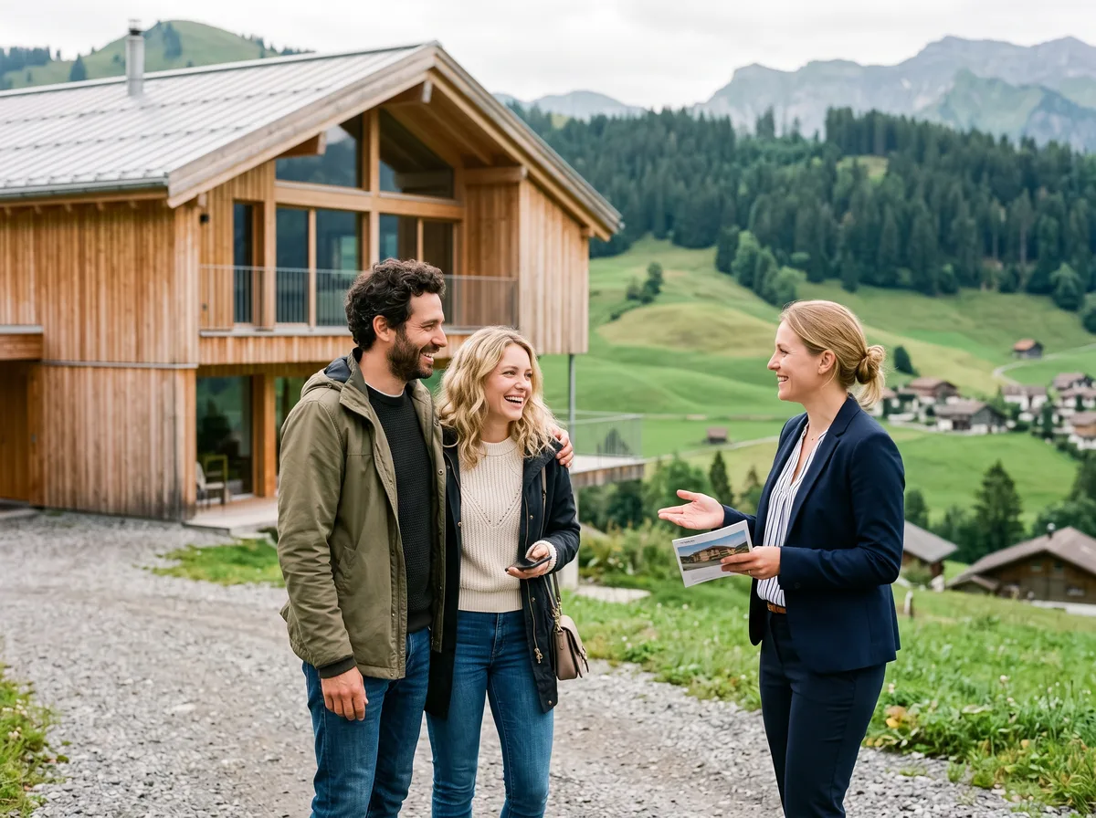 Un couple visite une maison en Suisse romande avec une conseillère